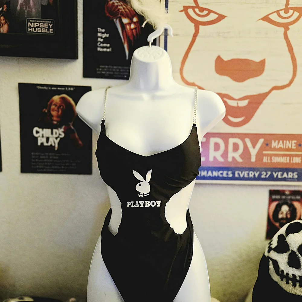 PLAYBOY Black One-Piece Swimsuit with White Logo - Picture 1 of 4